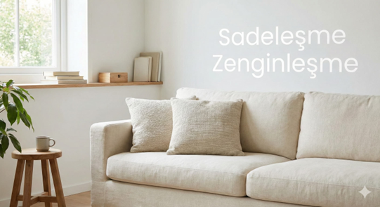 Az eşyalı, sade döşenmiş huzurlu bir oturma alanı
